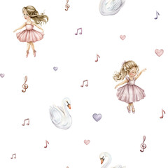 Watercolor seamless pattern with cute little ballerinas and swans. Hand drawn illustration heart and notes or treble clef on isolated background. Background for girl textile with dancing in pink dress © Ekatmart