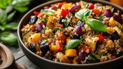 vegetarian and vegan dishes, A vibrant quinoa salad featuring colorful vegetables and fresh basil, perfect for healthy eating and meal prep inspiration.
