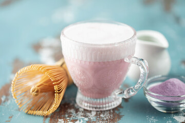 Pink matcha latte of coconut milk. Taro latte of Dragon fruit