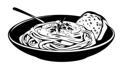 Fettuccine pasta with Alfredo sauce served with garlic bread, food illustration vector