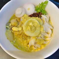 Myanmar traditional or classic white flat noodle fish soup called Khauk Swe.