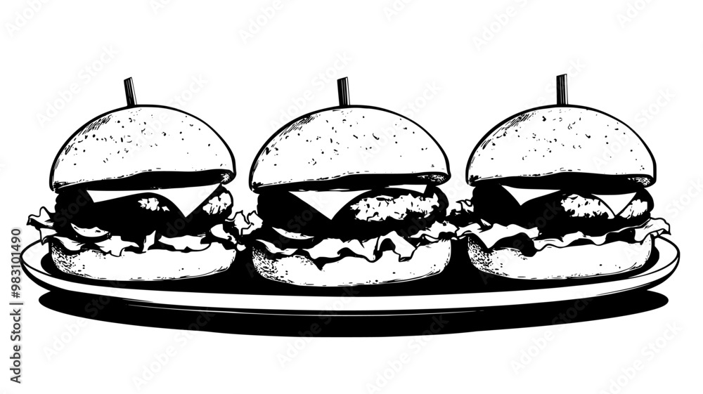 Wall mural Beef sliders with cheese and pickles on mini buns, side by side, food illustration vector