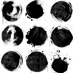 black ink stained brush circle imprints on paper, black and white, isolated on white, designs for photoshop brushes stylize 50