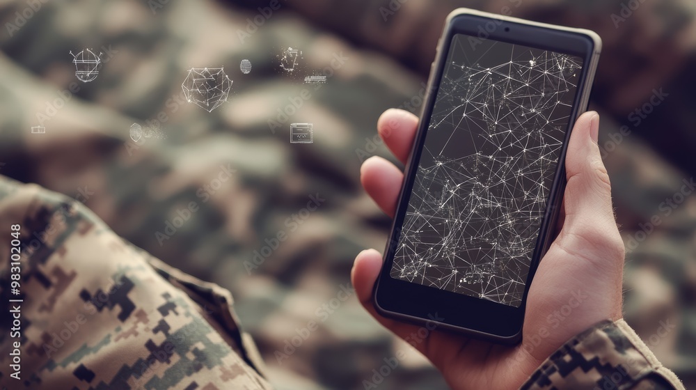 Poster military personnel using a smartphone to manage communication, depicting secure and connected digita