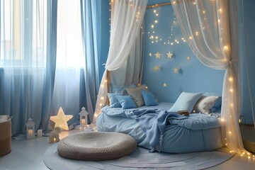 A cozy bedroom with blue walls, fairy lights, and a canopy bed. The room is decorated with soft pillows and blankets.