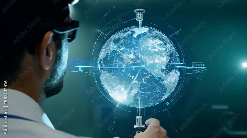 Poster a scientist interacts with cutting-edge holograms showcasing innovative designs and data projections