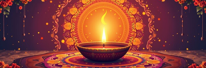 A beautifully illuminated traditional oil lamp surrounded by vibrant patterns and floral designs, perfect for celebrating culture and festivals.