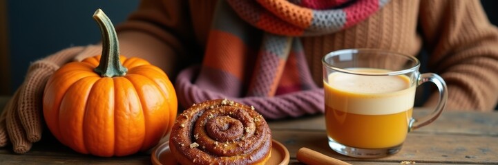 Cozy autumn scene featuring a pumpkin, cinnamon roll, and pumpkin spice drink, perfect for fall themed promotions and seasonal content.