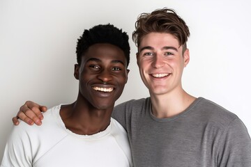 Fototapeta premium Two men are smiling and hugging each other. One is black and the other is white. They are posing for a picture