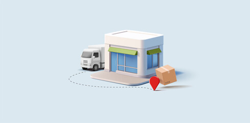 Store building, truck, box, location icon, 3D. Modern banner for business concepts of logistics, transportation, quick delivery of goods. Vector