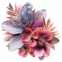 collage photo elements isolated on white, flowers with glitter, ultra details stylize 50