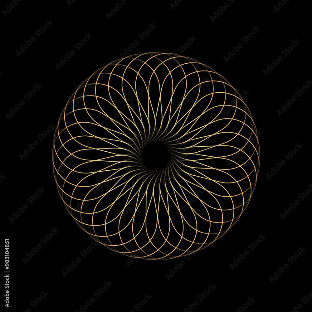 Poster Abstract luxury gold lines pattern weaving in a round shape frame isolated on black background. Editable stroke, scalable vector illustration 