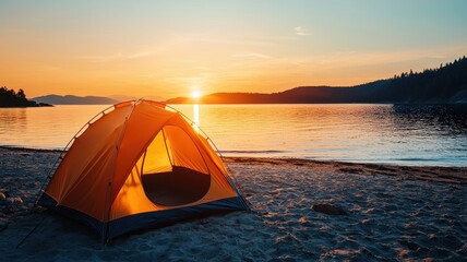A serene sunset view depicting a vibrant orange tent on a sandy beach beside a tranquil lake, perfect for camping enthusiasts.