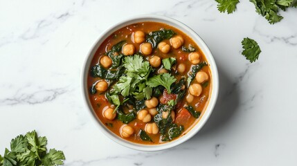 Chickpea and spinach curry, garnished with fresh cilantro, isolated on a white marble surface