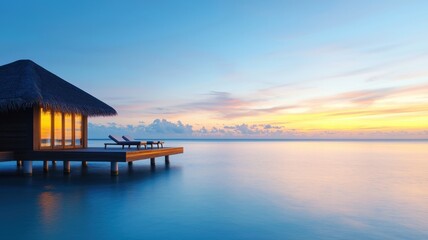 Obraz premium A serene sunset view over calm waters, showcasing a secluded beach hut on a wooden deck, perfect for relaxation and tranquility.