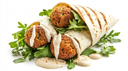 Falafel wrap with tahini sauce and fresh greens, isolated on a clean white background