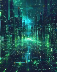 Obraz premium A futuristic city skyline bathed in green and blue neon lights, showcasing a glowing digital network.