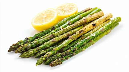 Grilled asparagus with lemon and Parmesan, isolated on a clean white background