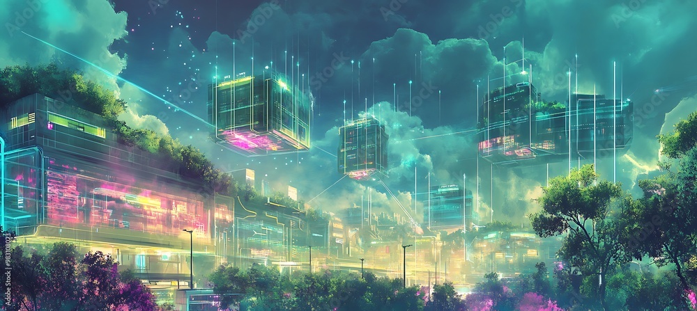Poster a futuristic landscape with floating smart buildings and seamless digital grids