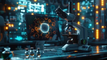A futuristic laboratory with a microscope, computer monitor displaying a cell structure, and lab equipment.