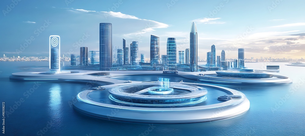 Poster interconnected digital grids power a futuristic world of floating smart buildings