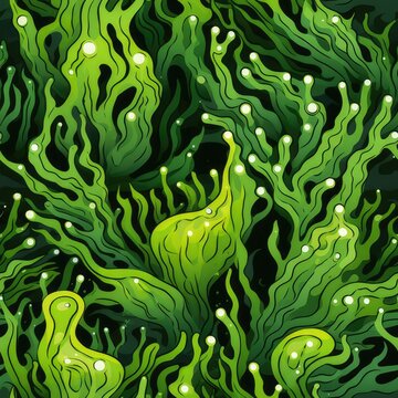 Seamless pattern on a marine theme, interweaving green algae. Drawing for fabric, paper, packaging, postcards