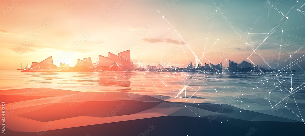 Wall mural interconnected digital grids power a futuristic world of floating smart buildings