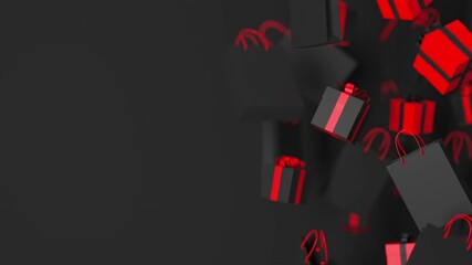 Black gift boxes with red ribbon, shopping bags floating, rotating on black background. Shopping offer concept. Black Friday Sale advertisement 3d render animation loop
