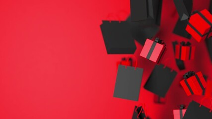 Red gift boxes with black ribbon, shopping bags floating, rotating on red background. Shopping offer concept. Black Friday Sale advertisement 3d render animation loop
