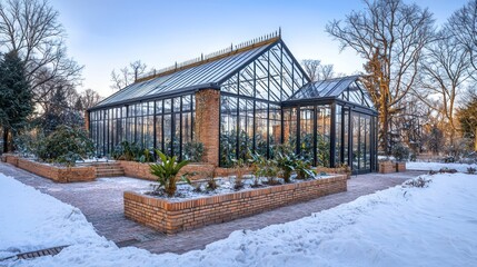A brick-built botanical conservatory, its glass structures supported by warm brick bases that help maintain a tropical climate for plants year-round, despite the snow outside