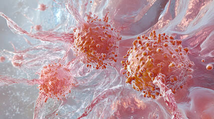 Microscopic view of breast cancer cells with sharp, intricate details on a light, sterile background