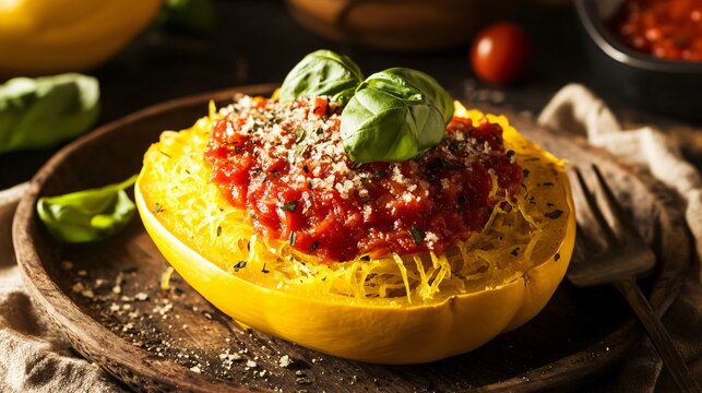 Spaghetti squash with marinara sauce and fresh basil, isolated on a rustic wooden plate