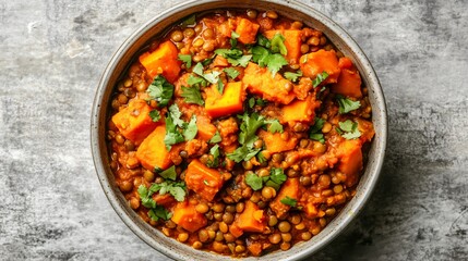 Spicy lentil and sweet potato curry, isolated on a light gray ceramic bowl
