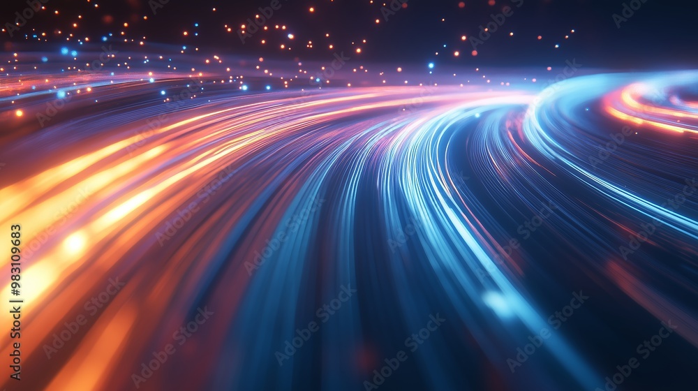 Poster dynamic flow of colorful light trails creating an abstract background in a digital environment