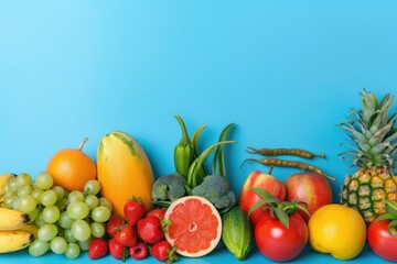 A blue background with a variety of fruits and vegetables including apples, generative ai image