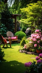 Obraz premium Stunningly designed backyard featuring elegant outdoor furniture and lush landscaping