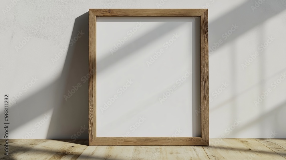 Poster empty wooden frame on a table with sunlight casting shadows in a minimalist interior setting