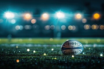 A rugby ball is on a field with lights shining on it, generative ai image
