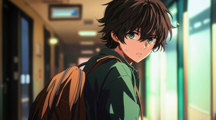A classic student heading to school, looking confused as he searches for his classroom, carrying his backpack on his back, with green eyes.