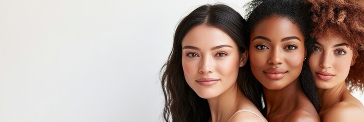 Three women of diverse ethnicities posing in a cosmetic advertisement, symbolizing beauty diversity.
