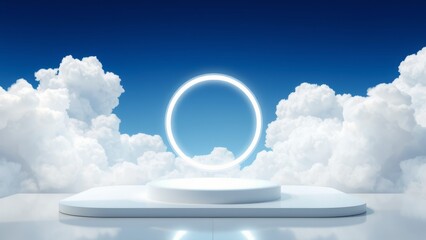 Product display platform. Podium against blue sky and white clouds.
