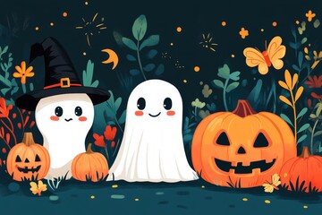 Obraz premium Two Friendly Ghosts and Pumpkins in a Halloween Setting