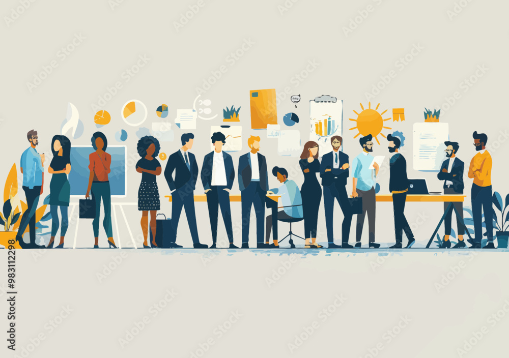 Poster diverse business team collaborating in office environment - minimalistic vector illustration showing
