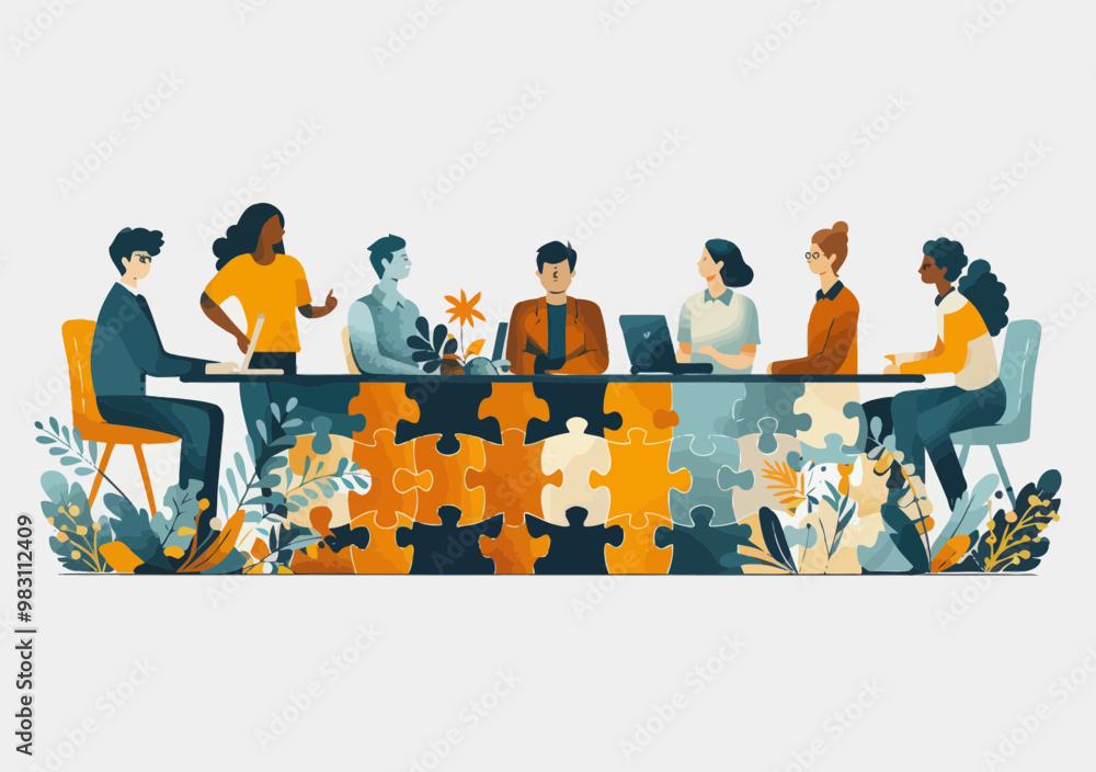 Poster team collaboration and puzzle solving at conference table in modern office setting during daytime - 