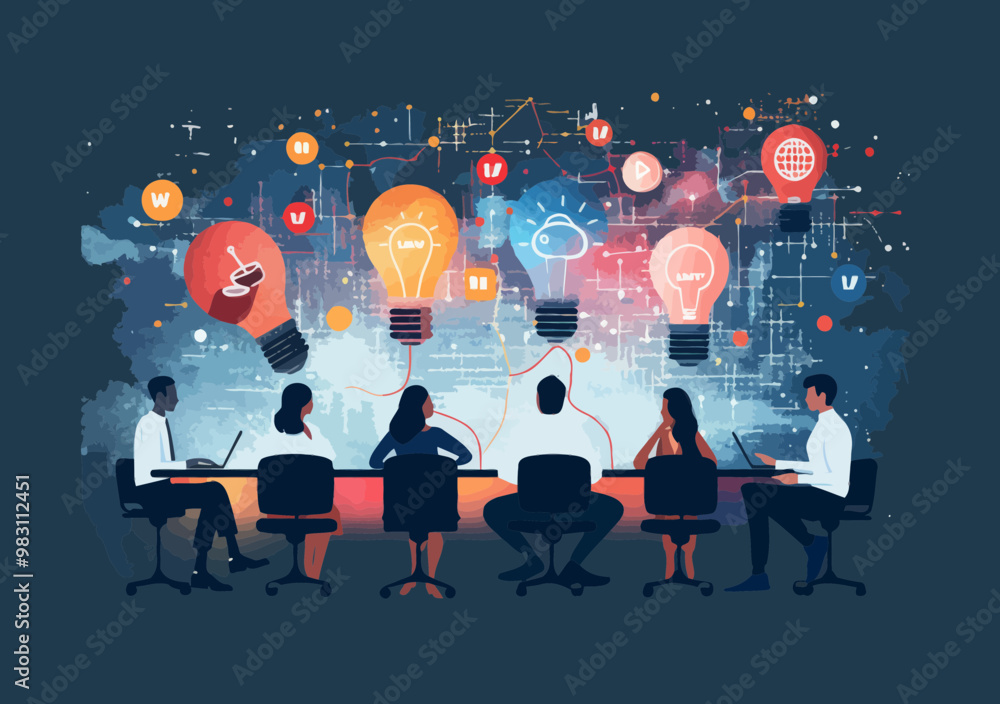 Poster brainstorming session with diverse team members discussing innovative business project ideas