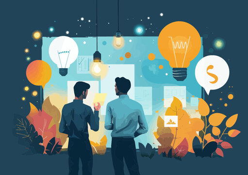 Two Business Professionals Brainstorming Innovative Solutions with Light Bulb Ideas and Charts at Night in Vector Illustration