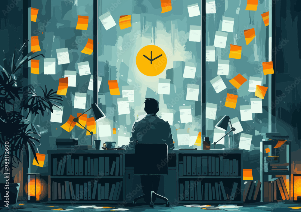 Poster businessman contemplating solutions in office surrounded by sticky notes at night, conceptualizing p