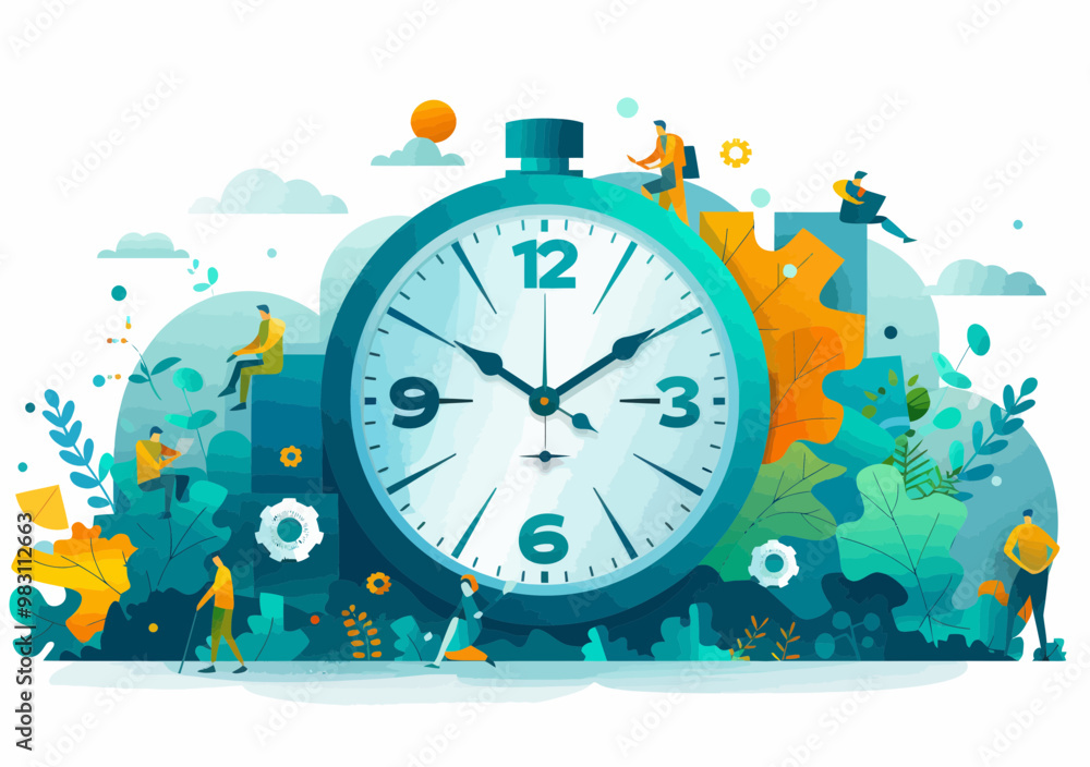 Poster team discussing deadline and time management concept with giant clock illustration vector minimalist
