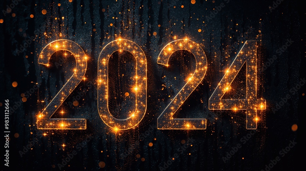 Fototapete A minimalist design featuring the number 2024 with sparkles on black background
