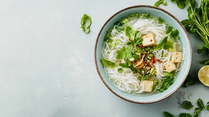Vegetarian pho with tofu, rice noodles, and fresh herbs, isolated on a light blue ceramic bowl